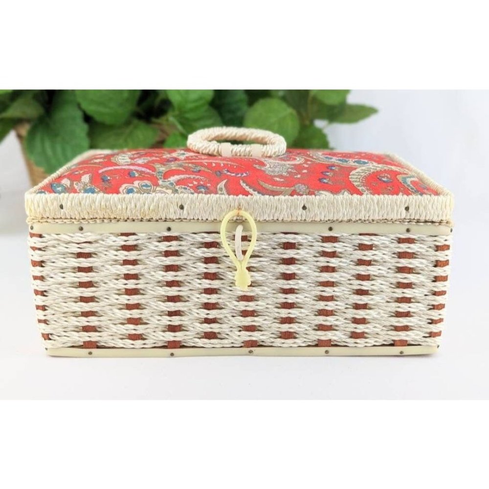Vintage 1950s Wicker Sewing Box Red Paisley Fabric Lid with Built-in Pin Cushion